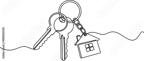 A clean and minimalistic continuous one line drawing of keys and house, vector illustration