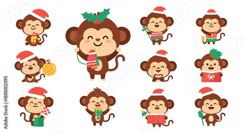 Set of Cute Monkeys Celebrating Christmas