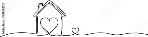 A clean and minimalistic continuous one line drawing of a house with hearts, vector illustration