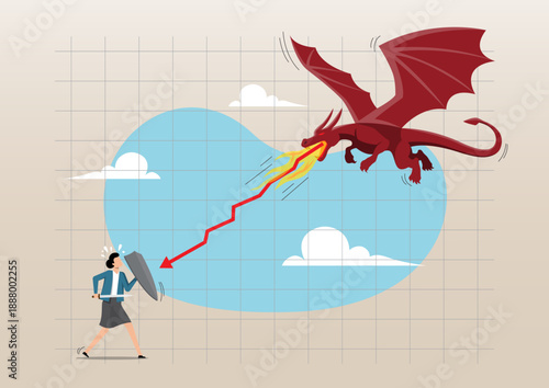 Businesswoman Defending Against Dragon Fire Graph—Risk Management and Economic Downturn Concept