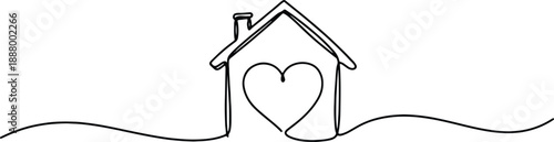 A clean and minimalistic continuous one line drawing of a house with a heart, vector illustration