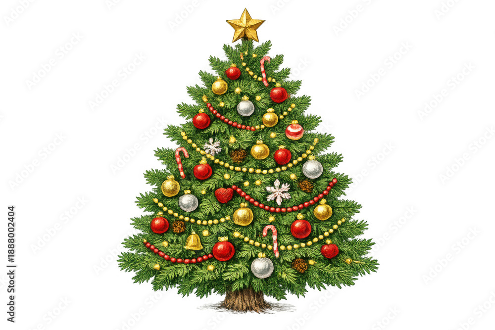 Obraz premium Christmas tree decorated with star topper, festive baubles, candy canes, garlands, bells, and pinecones for holiday celebration