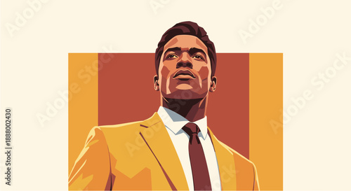 Confident young African American businessman in a stylish suit looking determinedly upwards, embodying success and leadership.