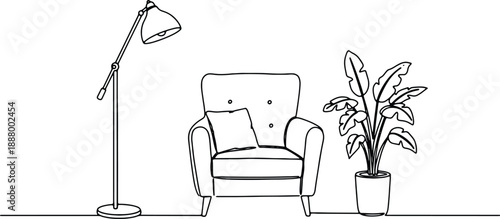 A clean and minimalistic continuous one line drawing of a cozy living room scene, vector illustration
