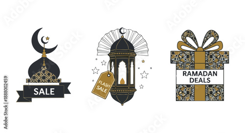 Islamic themed sale and promotion icons featuring mosque sale flash sale and ramadan deals gift box designs on a white background