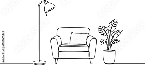 A clean and minimalistic continuous one line drawing of a living room scene with a lamp, chair, and plant, vector illustration
