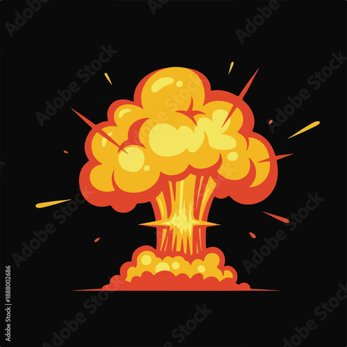 Cartoon explosion with bright orange and yellow mushroom cloud and black background, comic book style