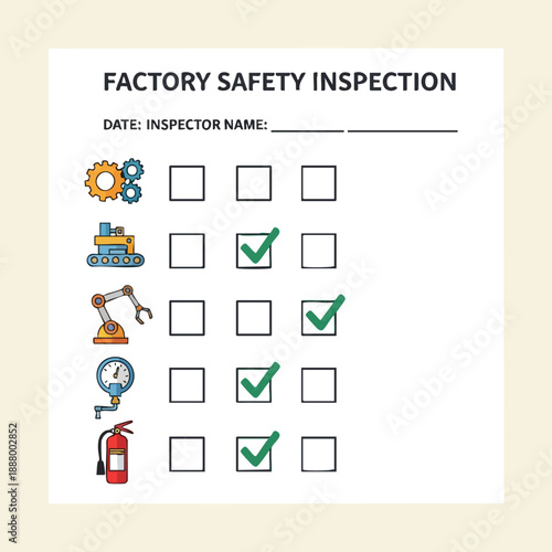 Industrial factory safety inspection checklist with icons and checkmarks indicating completed tasks for workplace hazard assessment and compliance