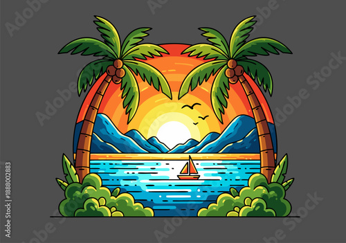 Vibrant vector illustration of a tropical island sunset scene with palm trees and a sailboat on the ocean