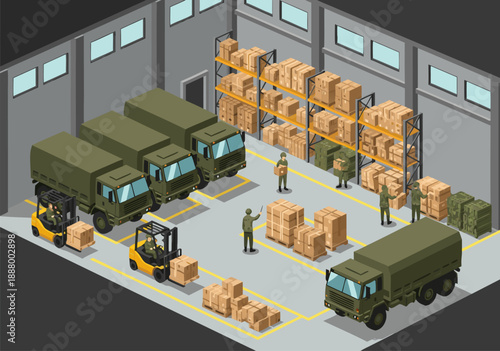 Isometric vector illustration of a warehouse with trucks, forklifts, and workers managing inventory and logistics