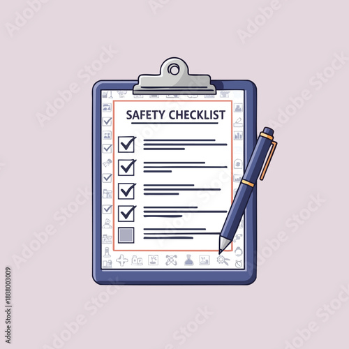 A blue clipboard holding a safety checklist with a pen ready for marking tasks on a plain background representing a workplace documentation need