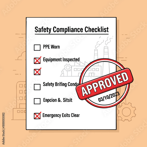 Industrial safety compliance checklist with approved stamp indicating successful safety protocols implementation in a factory setting