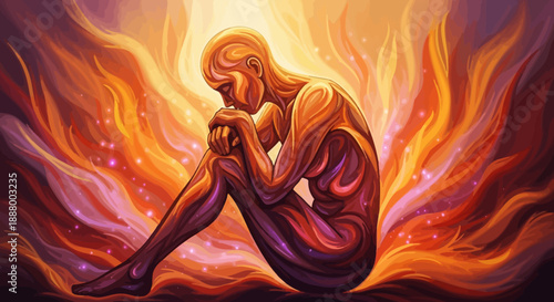 A vibrant vector illustration of a fashion model with fire hair dancing in a stylish dress, showcasing a beautiful silhouette and artistic body design