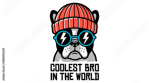 Coolest Bro French Bulldog Vector Design. Hipster dog wearing a red beanie and lightning bolt sunglasses. Urban streetwear mascot illustration.