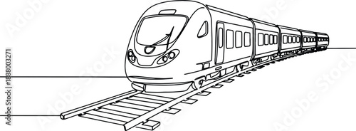 A clean and minimalistic continuous one line drawing of a modern train on railroad tracks, vector illustration