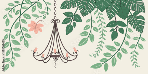 Chandelier amidst lush greenery