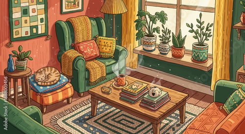 Modern living room interior design featuring a luxury sofa and chair near a large window with elegant decor and furniture inside a stylish apartment home