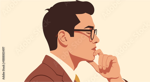 Thoughtful man in profile with glasses and a suit, contemplating deeply with a hand on his chin, illustrating intellectual reflection and strategic thinking.