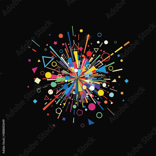 Explosion of colorful geometric shapes and lines radiating from center on black background, abstract digital art