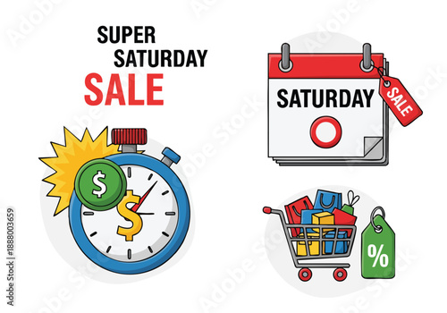 Super Saturday Sale promotions featuring a stopwatch with coins, a calendar, and a shopping cart brimming with bags and discount tags for a festive