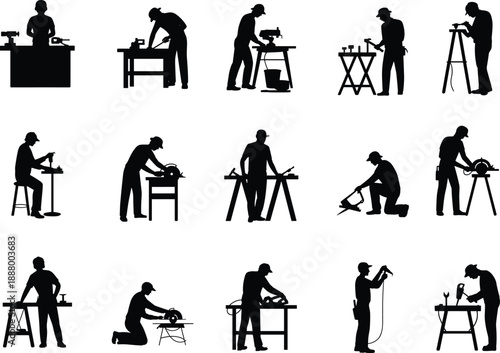 Carpenter and woodworker silhouettes set, professional craftsmen working with tools, woodworking activities, construction labor poses, black vector illustration
