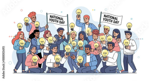 Diverse group of young people celebrating National Youth Day, holding lightbulbs symbolizing ideas and innovation.
