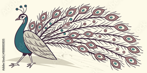 Illustrated peacock displaying its tail