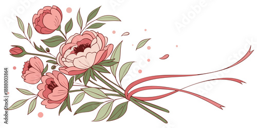 Delicate pink peonies with green leaves