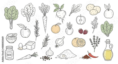 Vintage sketch vector icon set of fresh healthy vegetables and fruits including apple banana strawberry and tomato for vegetarian food design