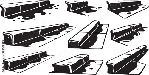 Illustration of various metal I-beams in black and white