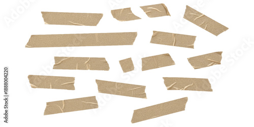 Collection of brown masking tape strips scattered on a white background, realistic vector illustration