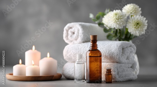 Serene spa setting with aromatherapy oils, lit candles, and fluffy white towels