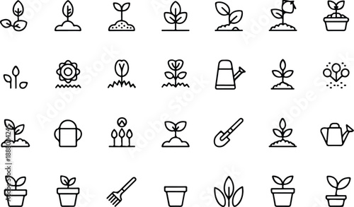 Gardening and Plant Growth Line Icon Set  Seeds, Sprouts, Flowers, and Tools
