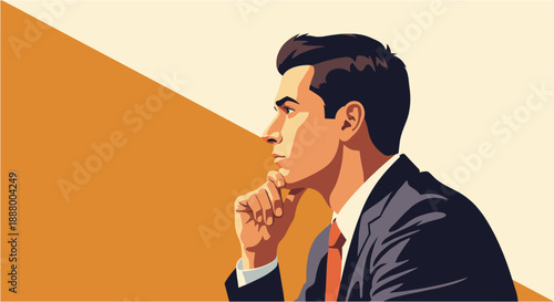 Thoughtful businessman in a suit with an orange tie, contemplating a complex problem, depicted in a modern, flat vector illustration style.