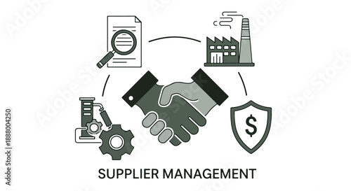 Supplier Management Vector Illustration with Handshake, Factory, Document Review, and Financial Security Icons