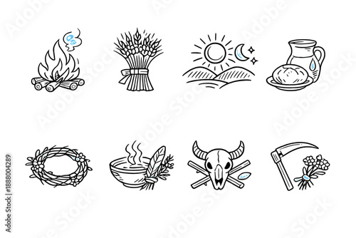 Collection of eight distinct hand-drawn icons representing nature, agriculture, and life cycles