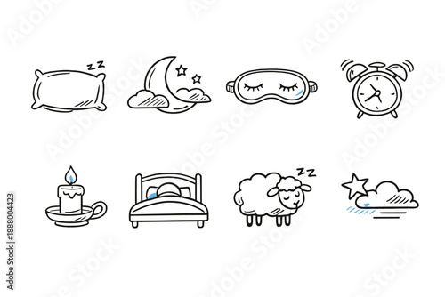 Collection of hand-drawn icons representing sleep and nighttime activities
