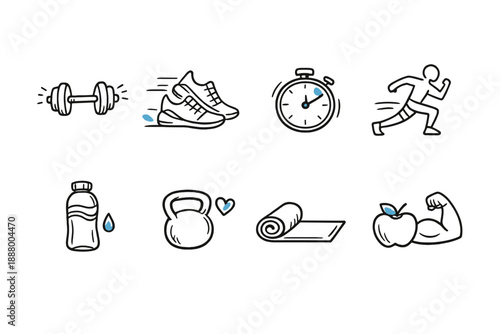 Collection of simple line art icons representing fitness and healthy lifestyle elements