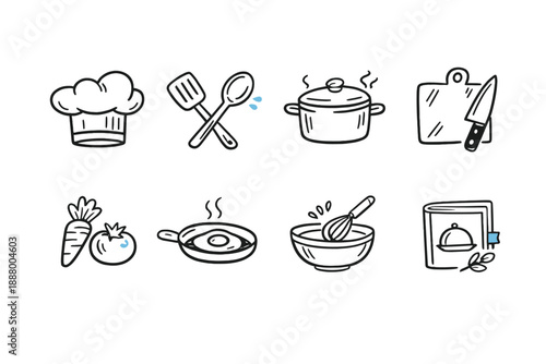 Collection of hand-drawn cooking and kitchen icons on a black background