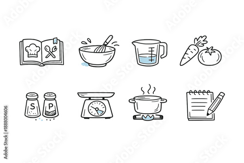 Collection of hand-drawn cooking icons representing ingredients and kitchen tools