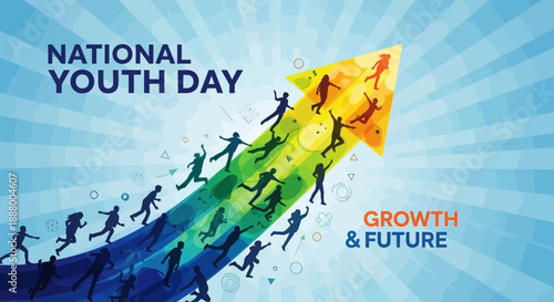 Silhouettes of people running up a path transforming into an arrow, symbolizing growth and future for National Youth Day.