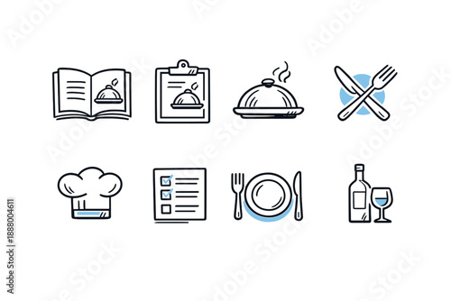 Collection of restaurant and food service icons on a black background
