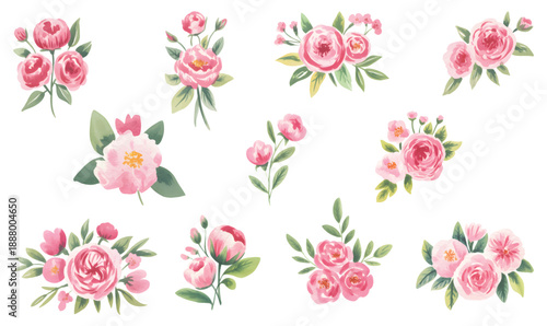 Peony and rose bouquet painted in soft watercolor brush tone.