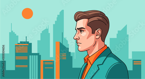 A thoughtful young businessman in a teal suit and orange shirt gazes towards a modern city skyline under a clear sky, illustrating urban contemplation and professional ambition.