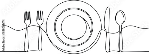 A clean and minimalistic continuous one line drawing of tableware, vector illustration