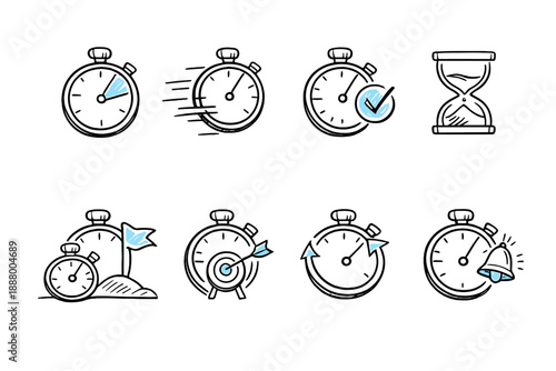 Set of icons representing time management, goals, and deadlines with a modern minimalist style