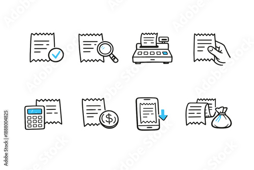 Collection of hand-drawn icons representing financial transactions and receipts