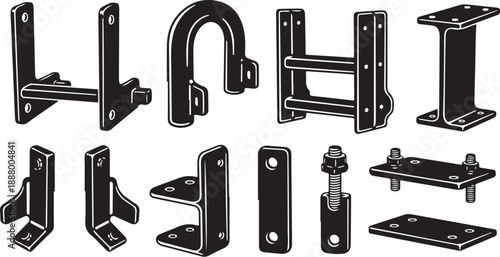 Collection of various metal brackets and hardware components