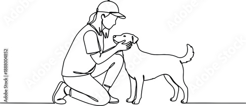 A clean and minimalistic continuous one line drawing of a person petting a dog, vector illustration