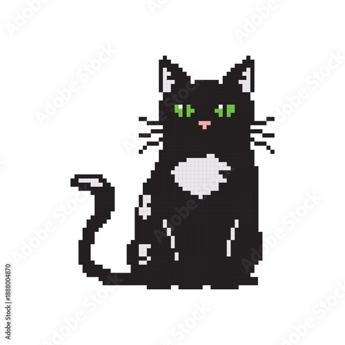 Black Cat Pixel Art Illustration with Green Eyes Isolated on White Background